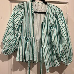 Green And White Striped Tie Front Top